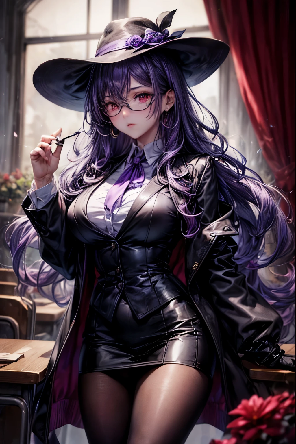 (((Best quality))), (((Ultra detailed))), ((((vivid)))), enigmatic atmosphere, ((beautiful middle-aged anime woman teaching in a classroom)), 1girl, solo, tall, slender, pale skin, ((wide brim hat with purple bow hat, black hat, flowers on hat)), ((beautiful detailed hair)), (long purple hair), (messy hair), ((wavy hair)), (hair between eyes), (hair hiding ears), (messy bangs), crossed bangs, magnificent eyes, luminescent eyes, (red eyes), (sharp eyes), purple glasses, purple earrings, ((black cardigan)), dress shirt, (purple shirt), (purple ribbon tie), ((black vest)), (black skirt), (black gloves), ((wearing purple tights)), black heel boots, motherly, serious