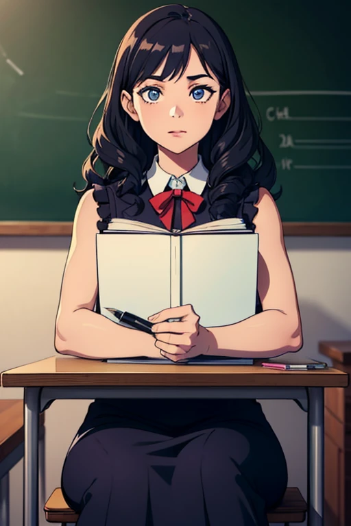 beautiful detailed eyes, long curly hair, wearing a stylish dress, holding a notebook and pen, surrounded by other students, sitting at desks, with a chalkboard in the background, natural lighting, vibrant colors, high resolution:1.2, artistic sketch style