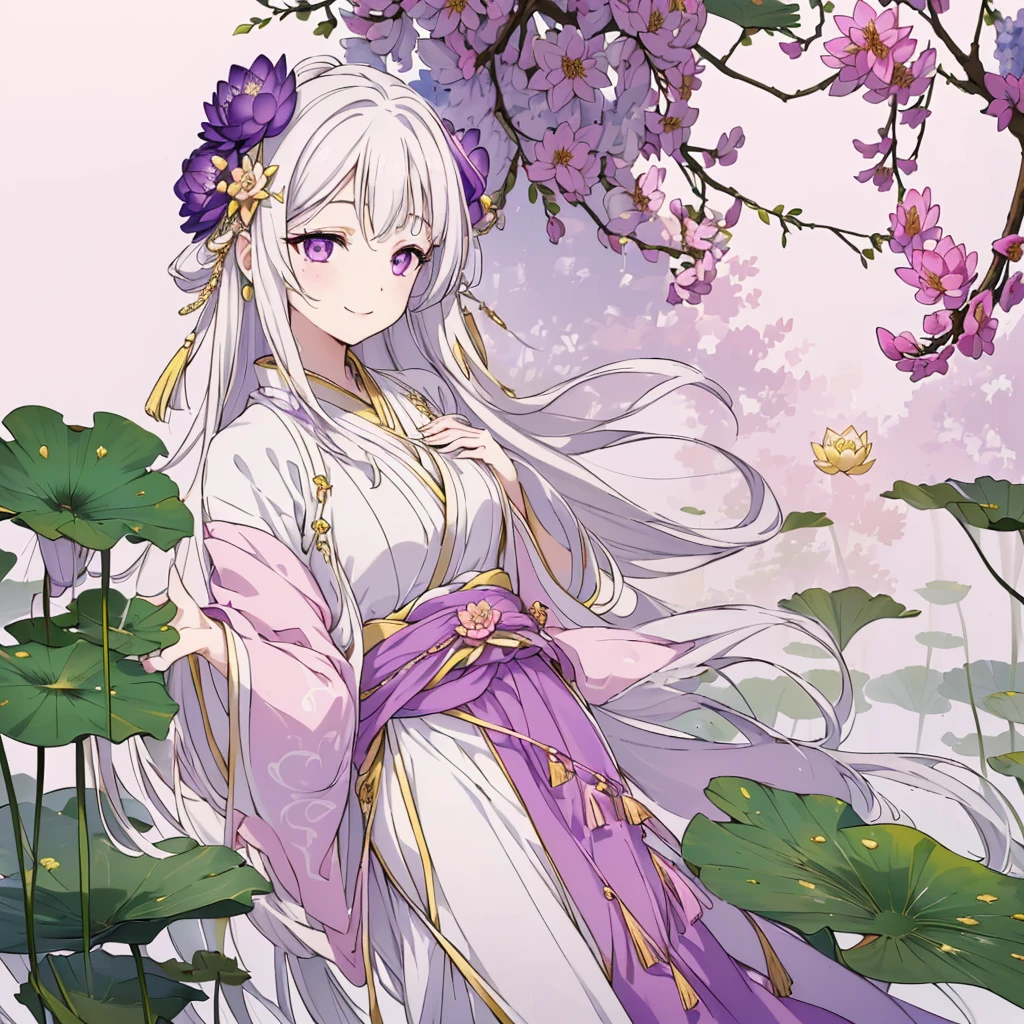 ((Masterpiece: 1.5, best quality, high resolution: 1.3, super resolution, super detailed, ultra detailed: 1.3, rich background: 1.2, Perfect Anatomy:1.5, 1 woman) pale skin + white hair + long wavy hair + eyes lilacs + female figure (ancient Chinese, female hanfu, delicate and simple accessories, accessories on her head, lotus patterns on her clothing) ((open eyes, tender smile, background of a forest, friendly environment)) (( colors of the clothing: violet, lilac, white, light pink, yellow)