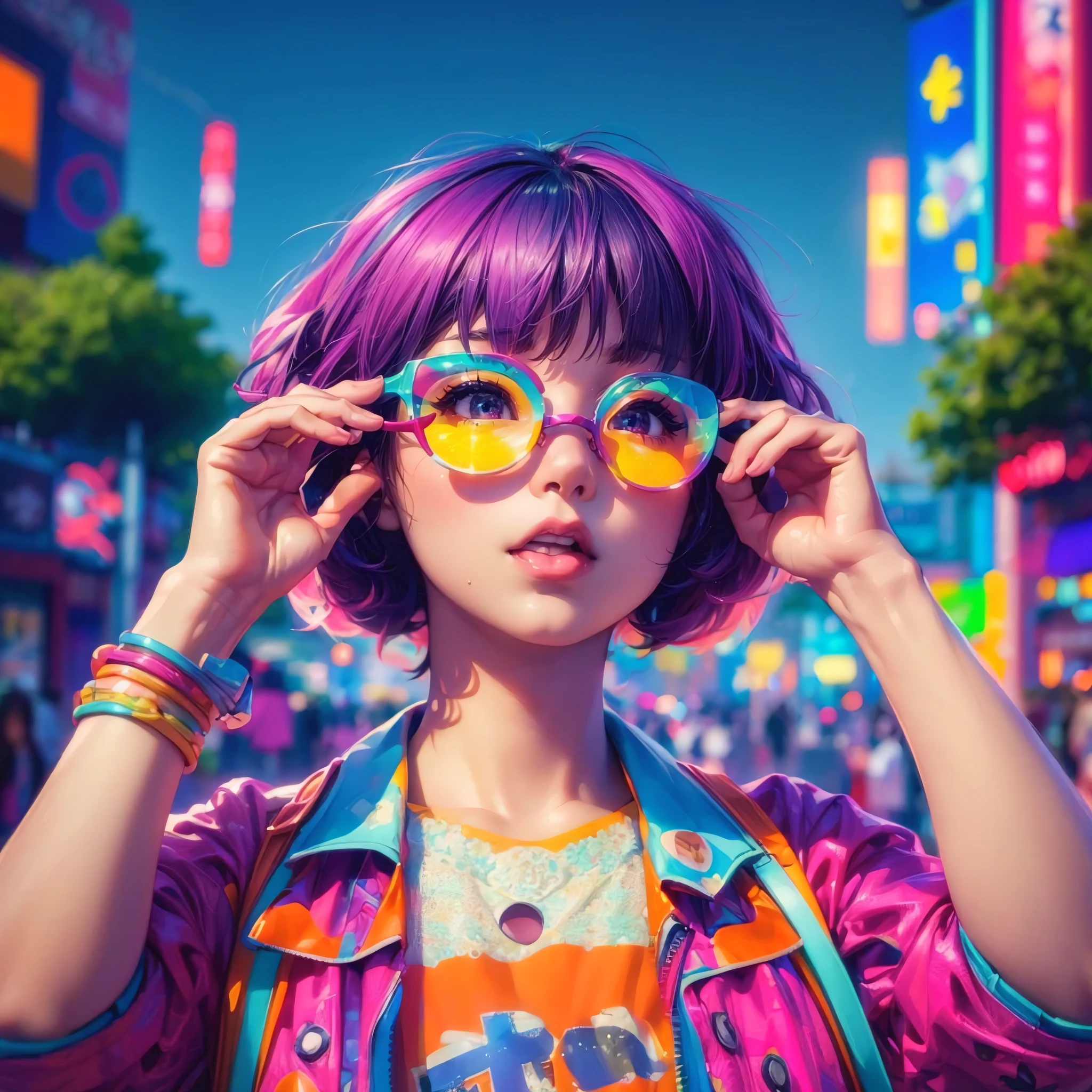 (best quality,4k,8k,highres,masterpiece:1.2),ultra-detailed,(realistic,photorealistic,photo-realistic:1.37), spunky young woman doing a kawaii pose, harajuku fashion, neotokyo city, 3d render, illustration, anime, vibrant