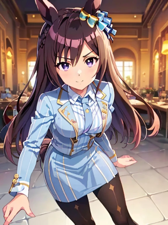 mejiro dober\(umamusume\), ((highest quality))、((masterpiece))、Ultra-high resolution、、(Anime 2D Rendering, Realistic young anime woman),
Beautiful body, Beautiful thighs, Beautiful feet, White beautiful skin、
(Spread your chest wide、((Light blue and white pinstripe suit, White collared shirt))、(Light blue and white pinstripe skirt、Shiny pencil mini skirt:1.4)、(Low denier black pantyhose:1.4)、(Black High Heels))、
smile、Face towards the viewer、(whole body、Are standing)