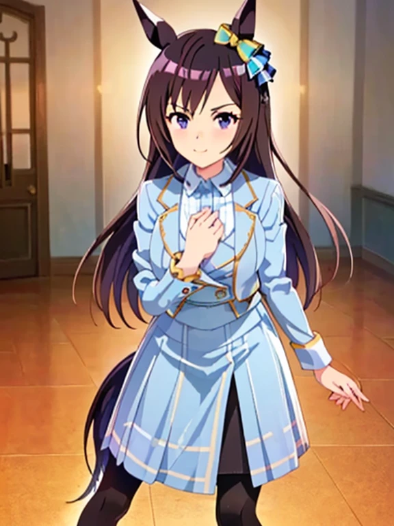 mejiro dober\(umamusume\), ((highest quality))、((masterpiece))、Ultra-high resolution、、(Anime 2D Rendering, Realistic young anime woman),
Beautiful body, Beautiful thighs, Beautiful feet, White beautiful skin、
(Spread your chest wide、((Light blue and white pinstripe suit, White collared shirt))、(Light blue and white pinstripe skirt、Shiny pencil mini skirt:1.4)、(Low denier black pantyhose:1.4)、(Black High Heels))、
smile、Face towards the viewer、(whole body、Are standing)