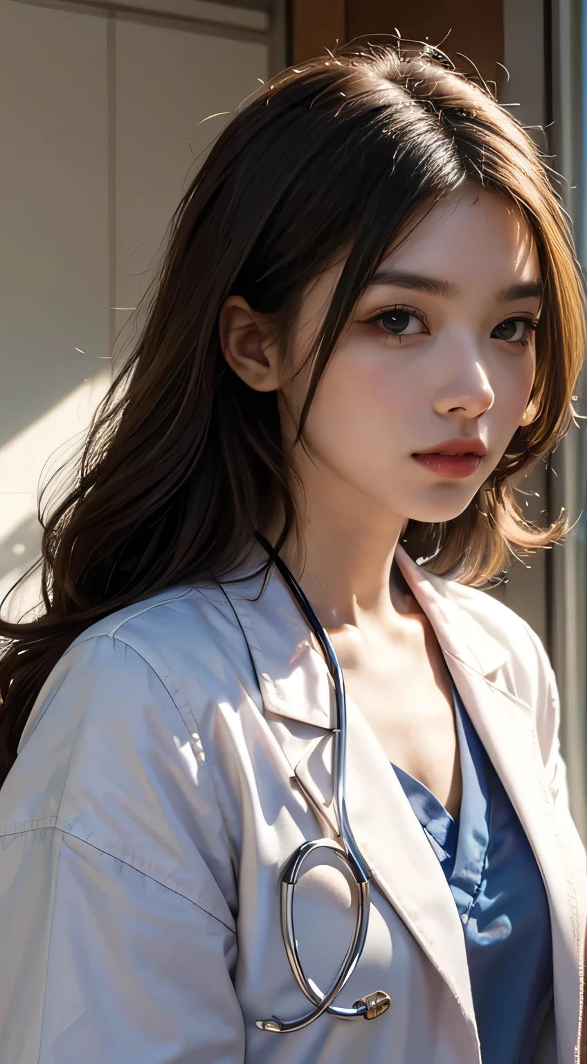(((HD photo))), ultra high res.photorealistic:. 1.4, UHD, masterpiece, trending on artstation, portrait, extreme closeup of face, 1girl, pretty, cute face, most beautiful in the world, soft, delicate, ( long red hair), (wearing white doctor coat:1.2), stethoscope:1.4, sunkissed, hospital ward background, bokah, sfw