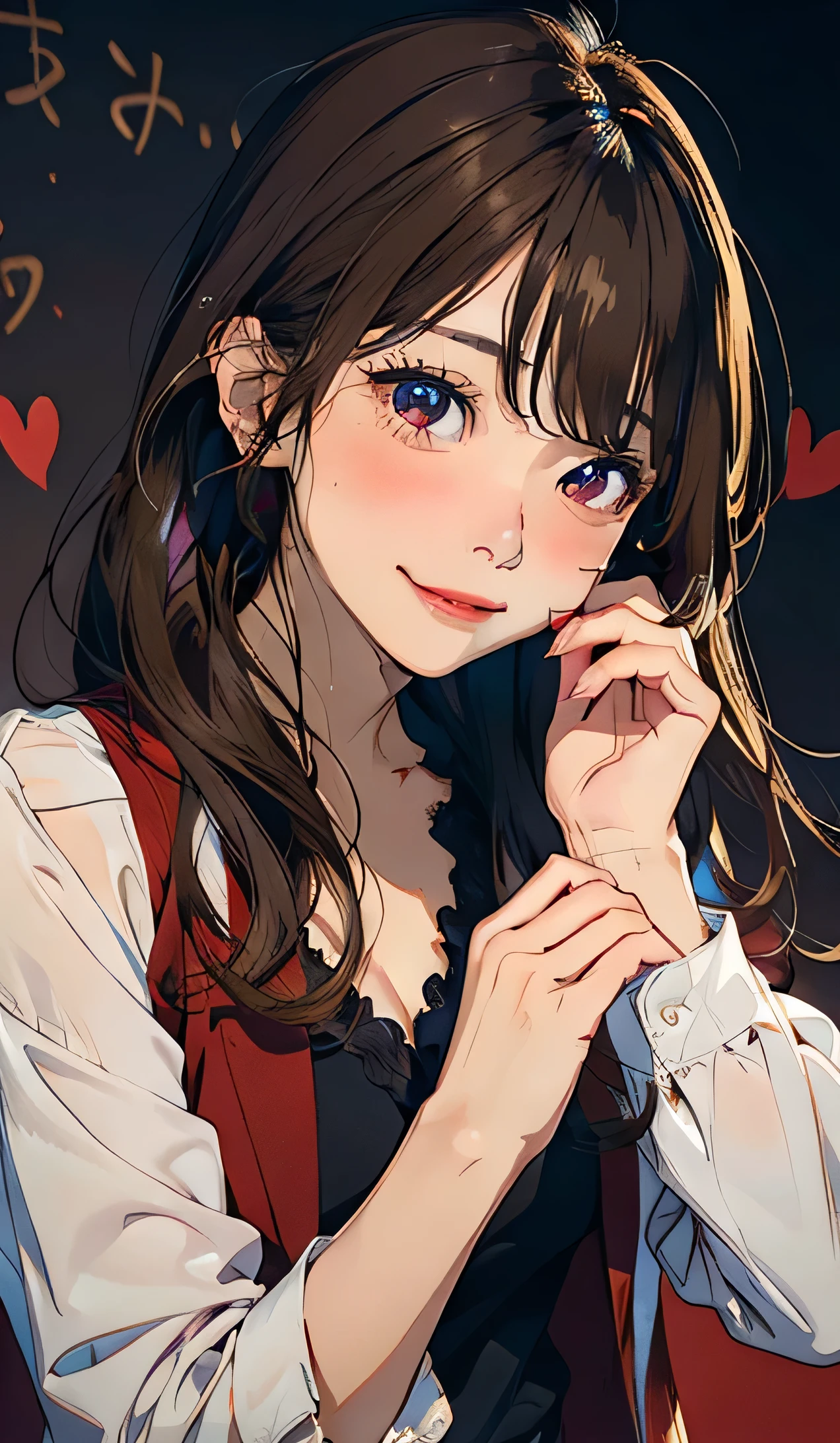 A man with red pubic hair and a woman in a blue tie and white shirt, One Girl, chest, MIKI HOSHII, Heterosexual, One boy, Brown Hair, , Close one eye, blush, Focus Only, Open your clothes, Open your mouth, shirt, Vaginal, Open shirt, throw, Happy Sex, Ahoge, kamisato_Ayaka, wallpaper, Tabletop,highest quality, smile, Make a perfect face smile, Expressive eyes, Intricate details, (Curious,surprised),emotion, soul, Emotional, fun expression, funny face, Expressive Break, colorful, fun ,interesting, Happy, Abstract background, Expressive colors, (Red background,), Jacket, in love, Require, break (Blonde), (Black Bratte)