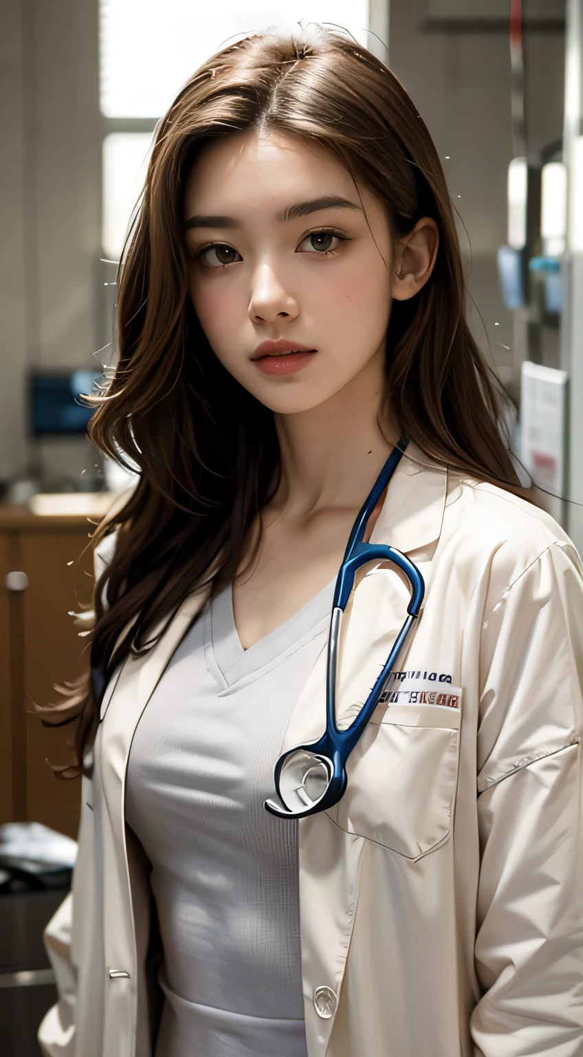 (((HD photo))), ultra high res.photorealistic:. 1.4, UHD, masterpiece, trending on artstation, portrait, extreme closeup of face, 1girl, pretty, cute face, most beautiful in the world, soft, delicate, ( long red hair), (wearing white doctor coat:1.2), stethoscope:1.4, sunkissed, hospital ward background, bokah, sfw