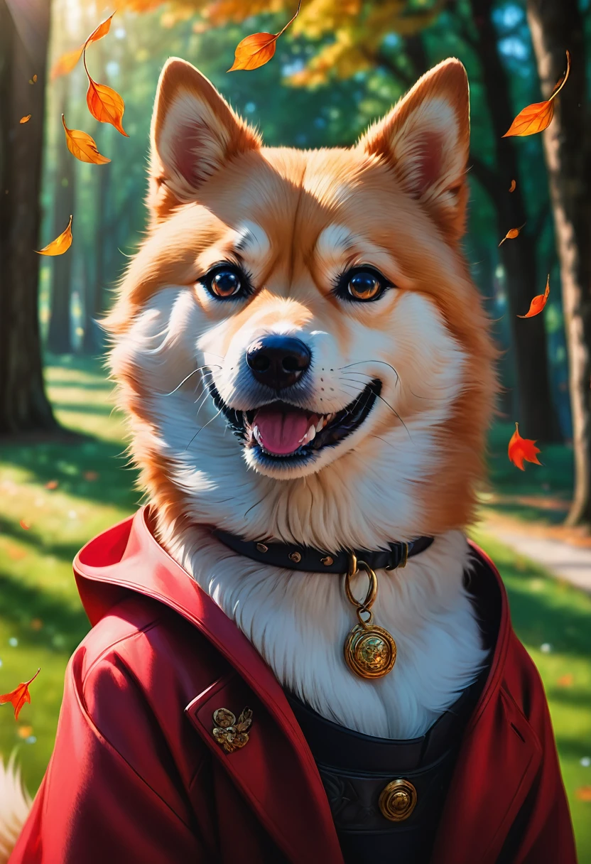 A Shiba Inu, aesthetic, (best quality,4k,8k,highres,masterpiece:1.2),ultra-detailed,(realistic,photorealistic,photo-realistic:1.37),dog,Shiba Inu,cute fluffy dog,loyal companion,playful expression,friendly temperament,curled tail,triangular ears,squishy face,adorable button nose,beautiful red coat,natural hunting abilities,expressive eyes,alert posture,running in the park,sunlight filtering through the trees,green grass and colorful flowers in the background,nature,leash,falling leaves,joyful energy,blissful expression,soft fur texture,sharp focus,vivid colors,playful interaction with other dogs,smiling owner's face,unconditional love and happiness,portrait,close-up,photography