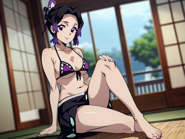 EFT_Shinobu, 1girl, kochou shinobu, butterfly hair ornament, solo, hair ornament, purple hair, multicolored hair, purple eyes, black hair, medium breast, (bikini), seductive smile, looking at viewer, blurry background, indoors, japanese house, full body, slim, ((masterpiece)), best quality, high detailed illustration, high detailed background, hi-res, bare legs, bare feet