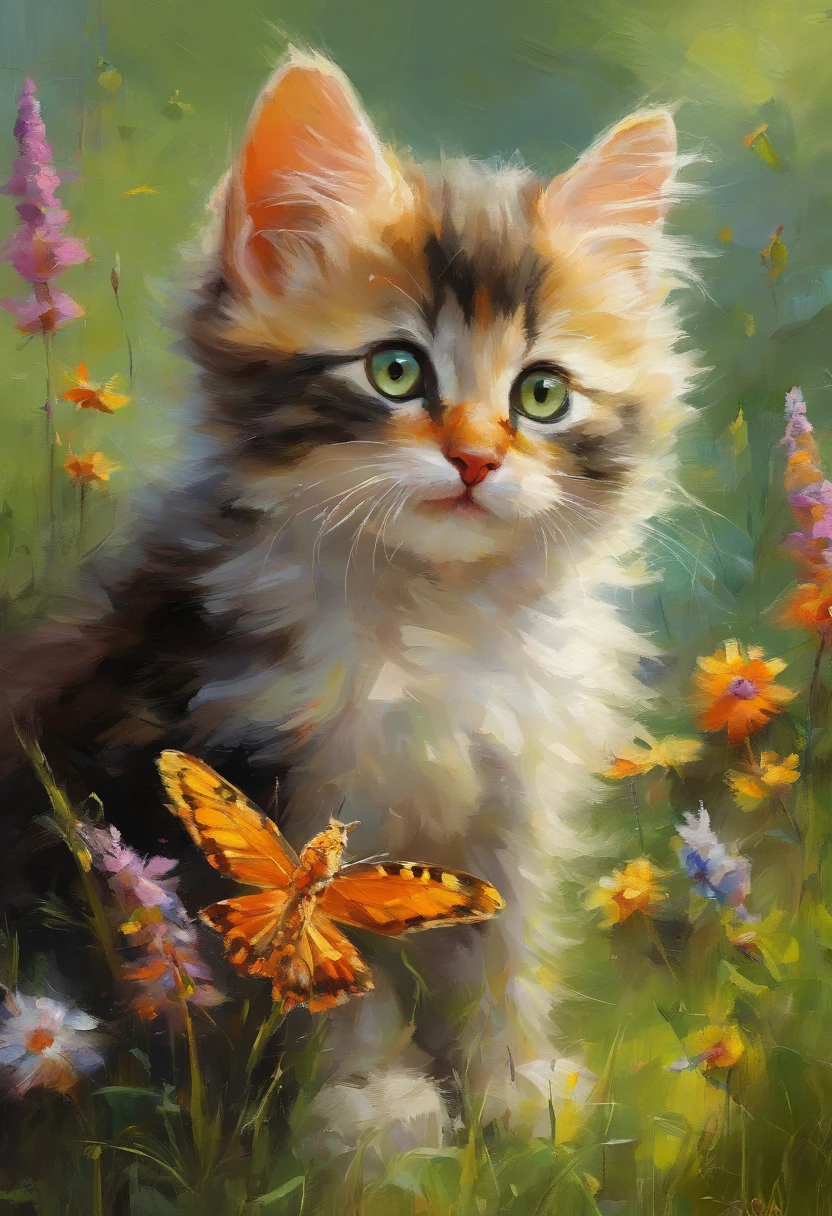 (highest quality,Very detailed,Realistic),Kitten watching a butterfly,Beautiful fine details,Curious look,With soft fur,Small feet,Fluffy tail,Cute Beard,Sunny garden background,green々Fresh green grass,Bright flowers,Delicate butterfly wings,Floating gracefully,colorful petals,Breeze,Playful movement,Vibrant colors,artistic expression,Subtly illuminated