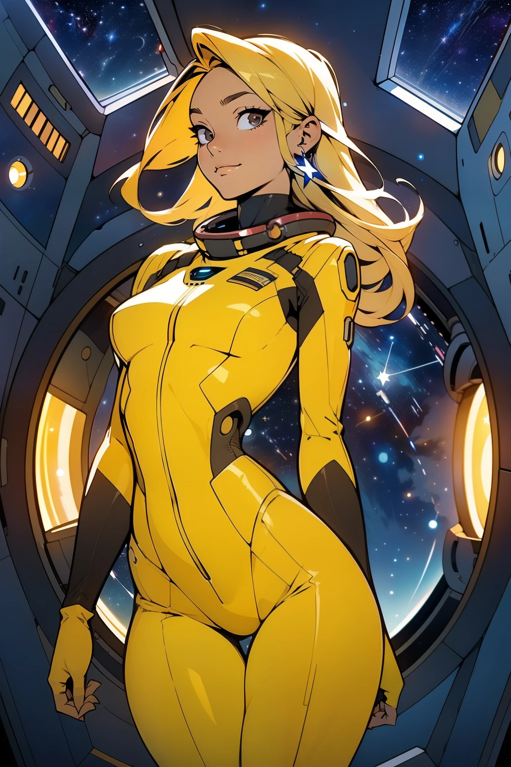 (masterpiece, best quality:1.2), (cowboy shot:1.1), solo, 1girl, mori yuki, slight smile, closed mouth, almost frontal view, looking at viewer, blonde hair, long hair, thigh gap, yellow bodysuit, skin-tight, perfect body, large window, (starship porthole:1.3), (spread legs:1.0), (standing:1.1), thigh gap, sensual pose, sideview, perfect hands, bright starship interior, (outer space view:1.1), (orbital view:1.3), (night, stary sky:1.5), milky way