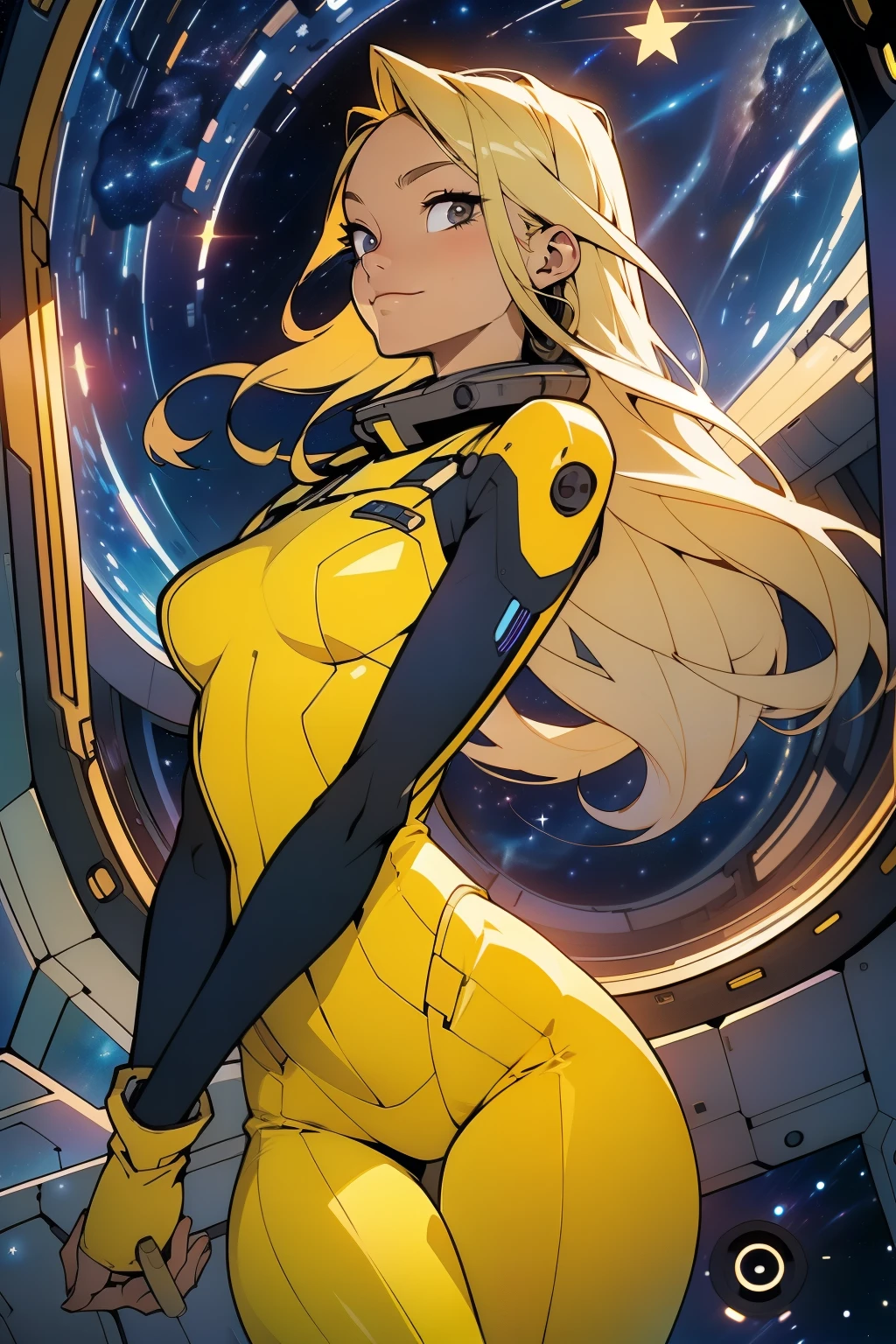 (masterpiece, best quality:1.2), (cowboy shot:1.1), solo, 1girl, mori yuki, slight smile, closed mouth, almost frontal view, looking at viewer, blonde hair, long hair, thigh gap, yellow bodysuit, skin-tight, perfect body, large window, (starship porthole:1.3), (spread legs:1.0), (standing:1.1), thigh gap, sensual pose, sideview, perfect hands, bright starship interior, (outer space view:1.1), (orbital view:1.3), (night, stary sky:1.5), milky way