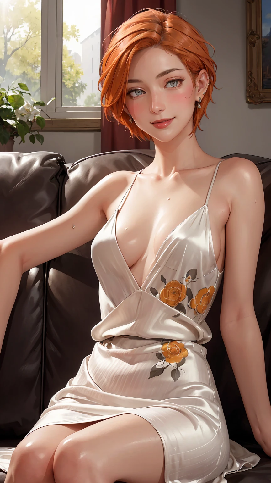 ((((masterpiece, best quality, high resolution)))), Extremely detailed 8K, Beautiful girl with voluptuous body, (Ultra HD, Ultra-detailed, Highly detailed, Highly realistic, Ultra-realistic, photograph realistic), (1girl:1.5), (orange hair), (short hair, shoulder length cut, earrings), (dynamic poses), facing at camera, looking at viewer, (blushing red, embarrassed, smile), (grey eyes, sharp eyes), (small breasts:1.2), (beautiful detailed face, beautiful detailed eyes), ((silk dress)), (sitting on couch), sweat, glow, (sunbeam, sunlight), ((cowboy shot)), bedroom, seductive