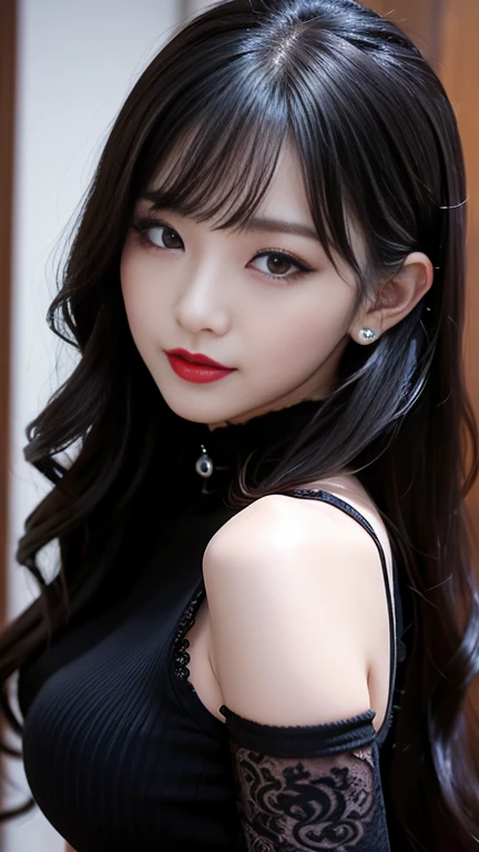 ultra-detailed、Japanese、Attractive beauty、seductive adult woman、Pretty Woman、piercing eyes、cool girl、long black wavy hair、swept bangs、Long Black Cheongsam、Wide sleeves、Evil cadres、Fallen into evil、brainwash、mind control、lipstick、lip gloss、dark makeup、smirk、Evil expression、evil、hollow eyes、half-closed eyes、empty eyes、evil、church at night、Vampire、succubus、vampire、Hypnosis、Swear allegiance、sexy pose
