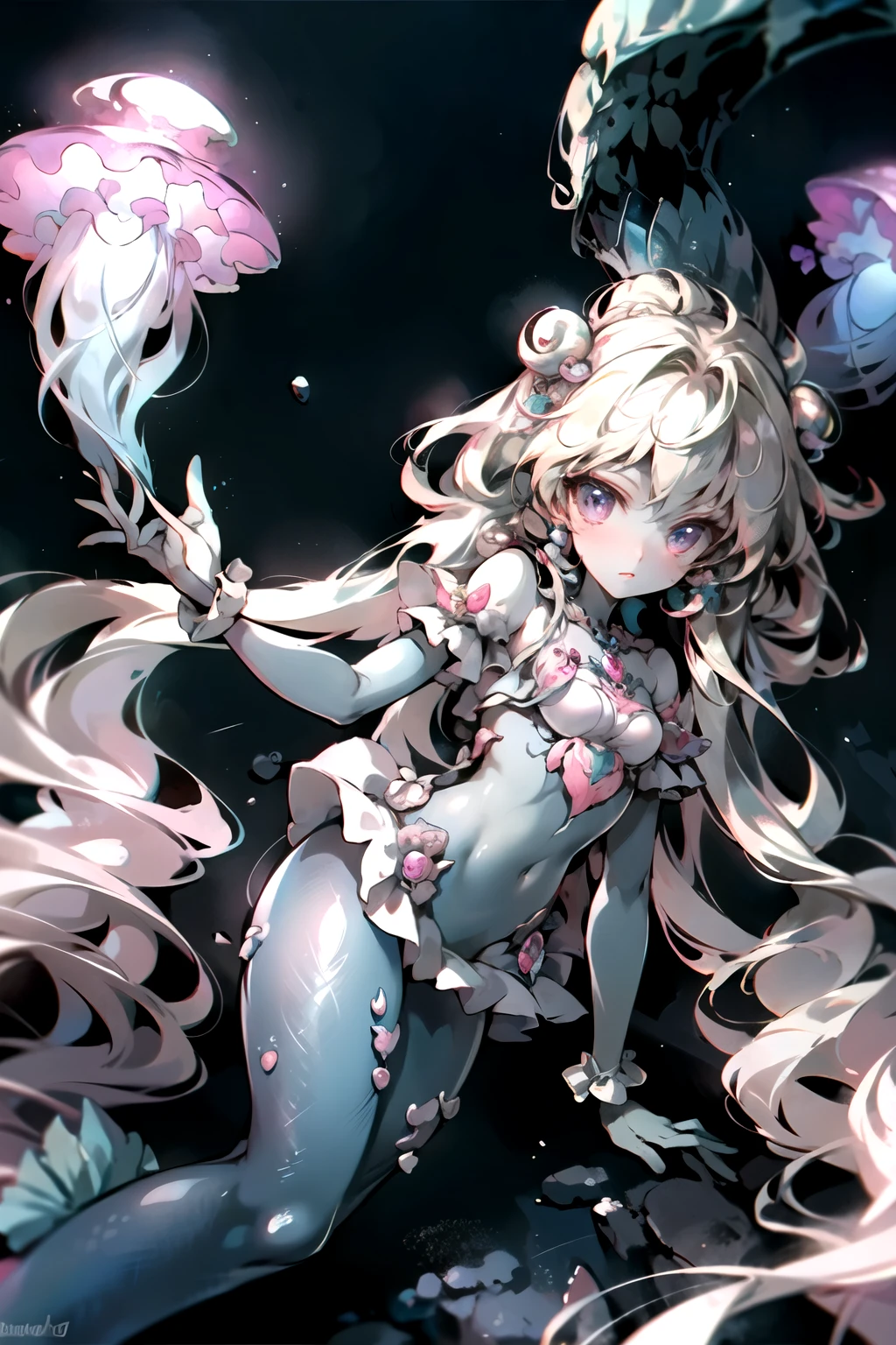 jellyfish girl, jellyfish, tentacles, transparency, seabed, bottom, rainbow, pearl, mermaid, transparent body