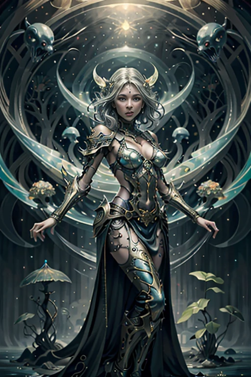 best quality,4k,8k,highres,masterpiece:1.2,ultra-detailed,realistic:1.37,HDR,UHD,studio lighting,ultra-fine painting,sharp focus,physically-based rendering,extreme detail description,professional,art nouveau,tarot card style, (2characters), dynamic angle, dynamic pose, fierce expression, Full body, alien female, A female spellblade wielding a translucent blue sword is accompanied by a guardian spirit. The sword hungers for souls as it glows with ethereal energy. The woman is protected by the guardian spirit, which emanates a comforting and powerful presence., Flowing silver hair., The atmosphere is reminiscent of the mysterious and enchanting world of the Final Fantasy X game, with elements of JRPG and RPG. The scene is filled with vibrant colors, capturing the essence of the fantasy universe. The lighting casts a warm glow, highlighting the intricate details of the female spellblade, and the guardian spirit. As the female spellblade gracefully maneuvers her weapon, the kodama spirits watch from the surrounding forest, adding an extra layer of magical intrigue to the scene., Concept art inpired by Jean Giraud Moebius, The overall quality of the generated image is of the highest standard, with ultra-detailed visuals to bring this captivating composition to life. The artwork is reminiscent of a masterpiece, exhibiting the finest craftsmanship in the medium of digital illustration., Yoshitaka Amano style, fractalized, organic exoskeleton,glass exoskeleton,alien flora,(bioluminescent fungi),vivid colors,pale purple hues,trending on cgsociety,landscape,horror,sci-fi,concept artists,bright and vibrant colors,dreamy lighting