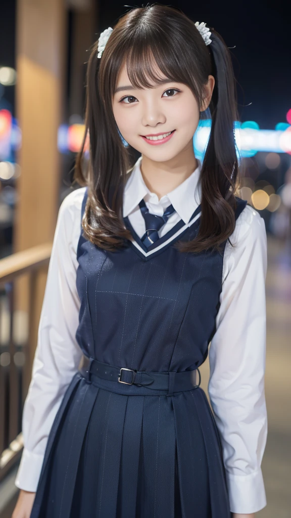 (highest quality,masterpiece:1.3,Ultra-high resolution),(Very detailed,8K),(Realistic:1.4,RAW shooting)。Blurred Background、Looking at the audience、smile、young woman、Cafe clerk uniform、Twin tails、City of night。Night view。