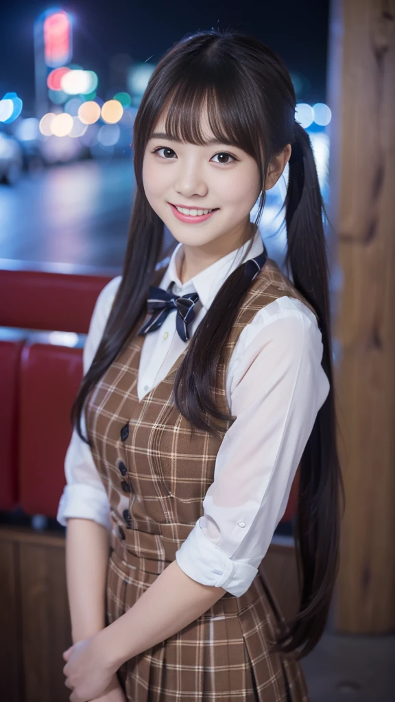 (highest quality,masterpiece:1.3,Ultra-high resolution),(Very detailed,8K),(Realistic:1.4,RAW shooting)。Blurred Background、Looking at the audience、smile、young woman、Cafe clerk uniform、Twin tails、City of night。Night view。