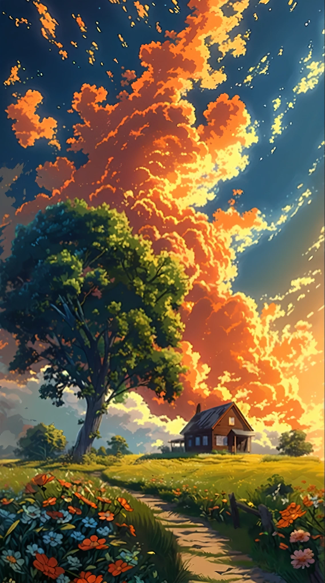 painting of a house in a field with a tree and flowers, anime sky, anime landscape wallpaper, anime countryside landscape, anime landscape, anime clouds, anime background, anime background art, anime art wallpaper 4 k, anime art wallpaper 4k, studio ghibli sky, 4 k manga wallpaper, 4k anime wallpaper, anime wallpaper 4k, anime wallpaper 4 k, anime scenery