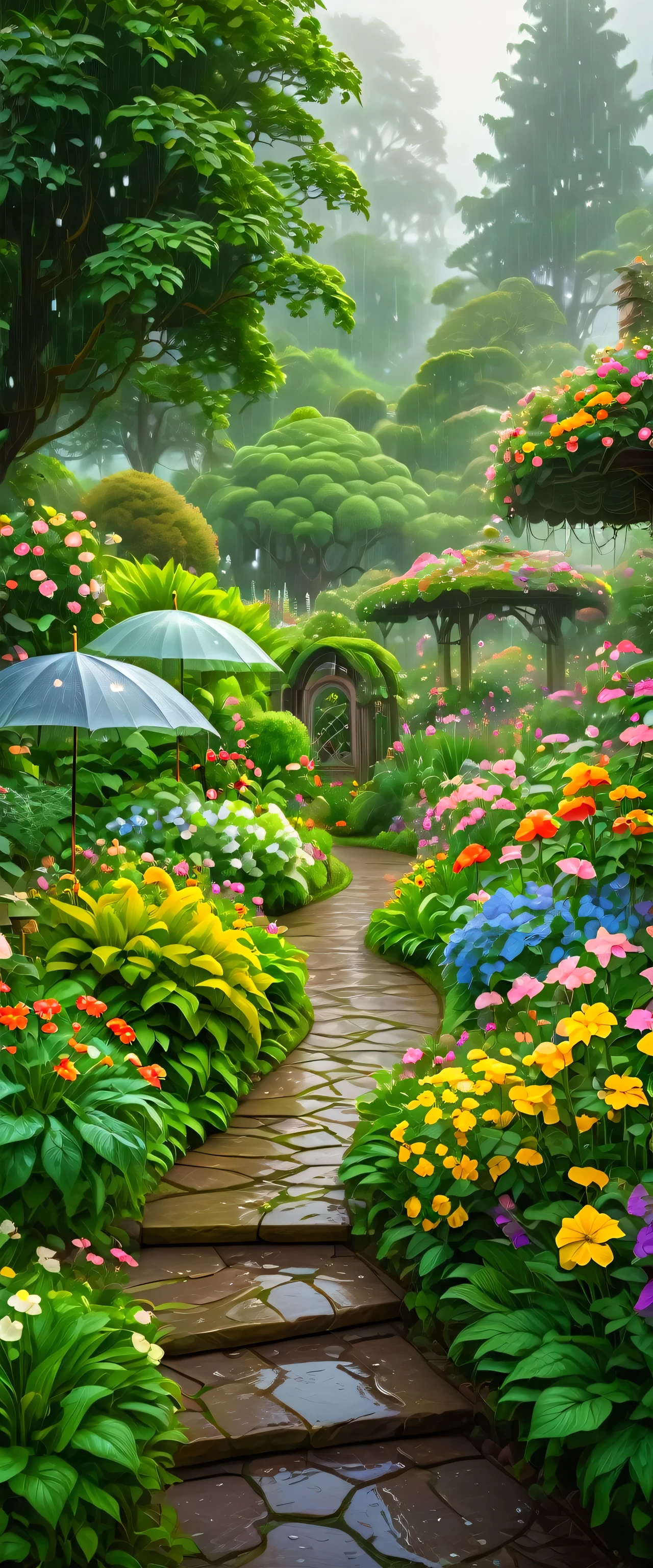 masterpiece, reality, 8k, intricate details,
there is a person walking down a path with an umbrella, misty garden, flowers rain everywhere, flower garden summer morning, flowers garden, lush garden in the background, misty and raining, lush flowery outdoors, beautiful garden, after the rain, garden with flowers, cottagecore flower garden, just after rain, flower garden, garden landscape, lush landscape, garden background，Ancient buildings in the garden，Wooden pavilion