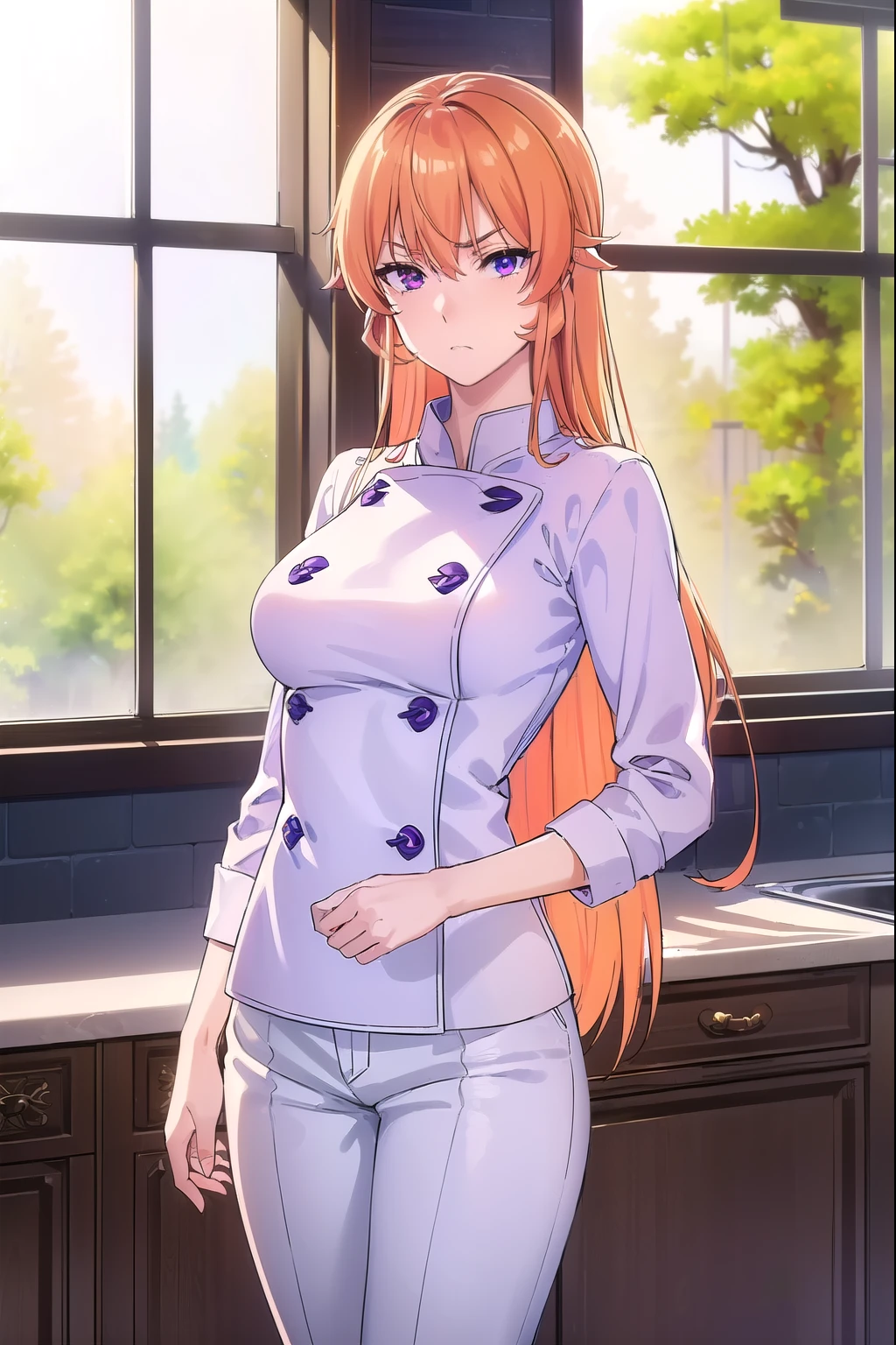 ((masterpiece:1.3, highly detailed:1.3, highres:1.1, best quality, HD, full image)),((erinanakiri, erina nakiri, long hair, orange hair, (purple eyes:1.1), hair between eyes, frown, angry, pants, white pants, chef, long sleeves, ((indoors, kitchen, window background, trees)), looking at viewer, (masterpiece:1.2), best quality, high resolution, unity 8k wallpaper, (illustration:0.8), (beautiful detailed eyes:1.6), extremely detailed face, perfect lighting, extremely detailed CG)),((sexy pose, standing))