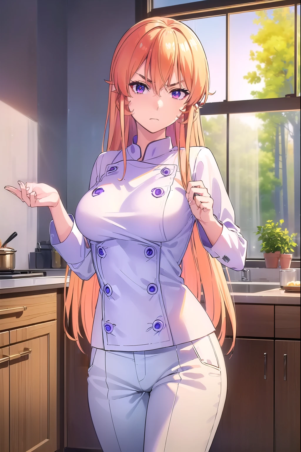 ((masterpiece:1.3, highly detailed:1.3, highres:1.1, best quality, HD, full image)),((erinanakiri, erina nakiri, long hair, orange hair, (purple eyes:1.1), hair between eyes, frown, angry, pants, white pants, chef, long sleeves, ((indoors, kitchen, window background, trees)), looking at viewer, (masterpiece:1.2), best quality, high resolution, unity 8k wallpaper, (illustration:0.8), (beautiful detailed eyes:1.6), extremely detailed face, perfect lighting, extremely detailed CG)),((sexy pose, standing))