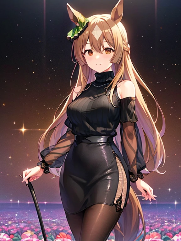 Satono Diamond\(umamusume\), ((highest quality))、((masterpiece))、Ultra-high resolution、、(Anime 2D Rendering, Realistic young anime woman), 
Beautiful body, Beautiful thighs, Beautiful feet, White beautiful skin、 
(Spread your chest wide、((Black turtleneck、Black see-through lace from shoulder to wrist:1.4))、(Black Shiny Micro Pencil Skirt:1.4)、(Low denier black pantyhose:1.4)、(Black High Heels))、 
smile、Face towards the viewer、(whole body、Are standing)