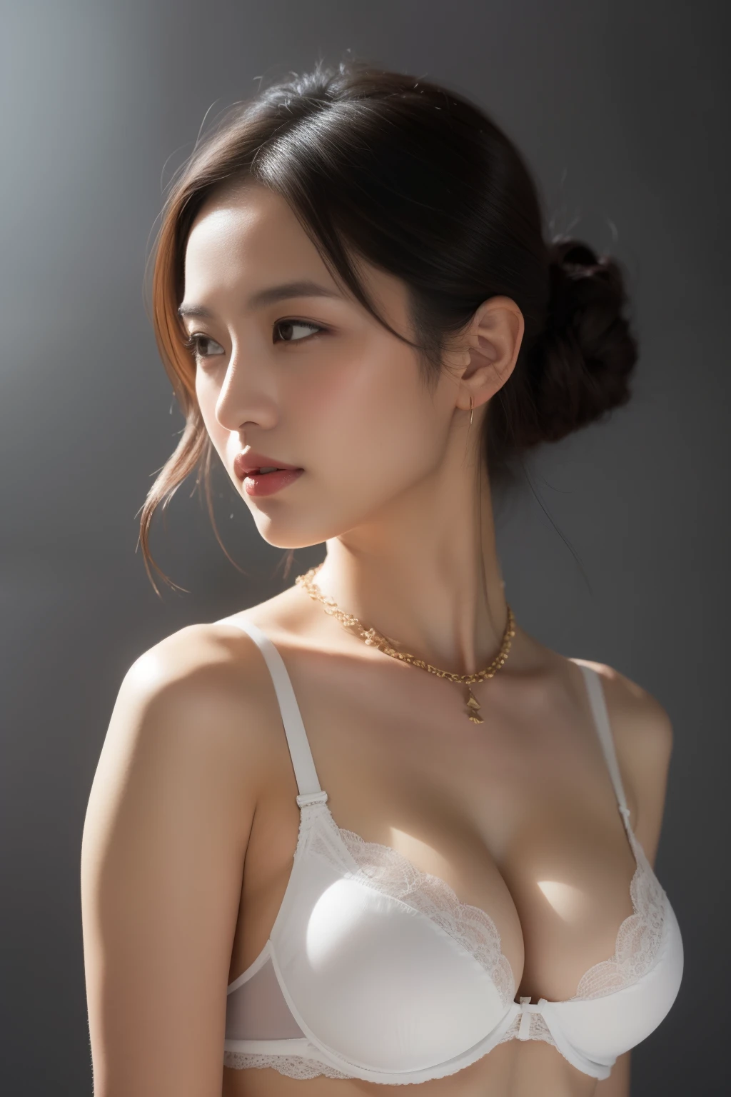asian lady (white bra), necklace, small breast, rounded shape breast, ((she)), ((mid-shot, full body, slender waist)), Hair Up Do、 Glowing eyes, nose blush, Carl Larsson, Alfonse Mucha, Chiaroscuro, Film Glenn, reflective light, (((mid-Shot))), waist to top,longshot show full body, masterpiece, high details, ((gray background, studio light ))