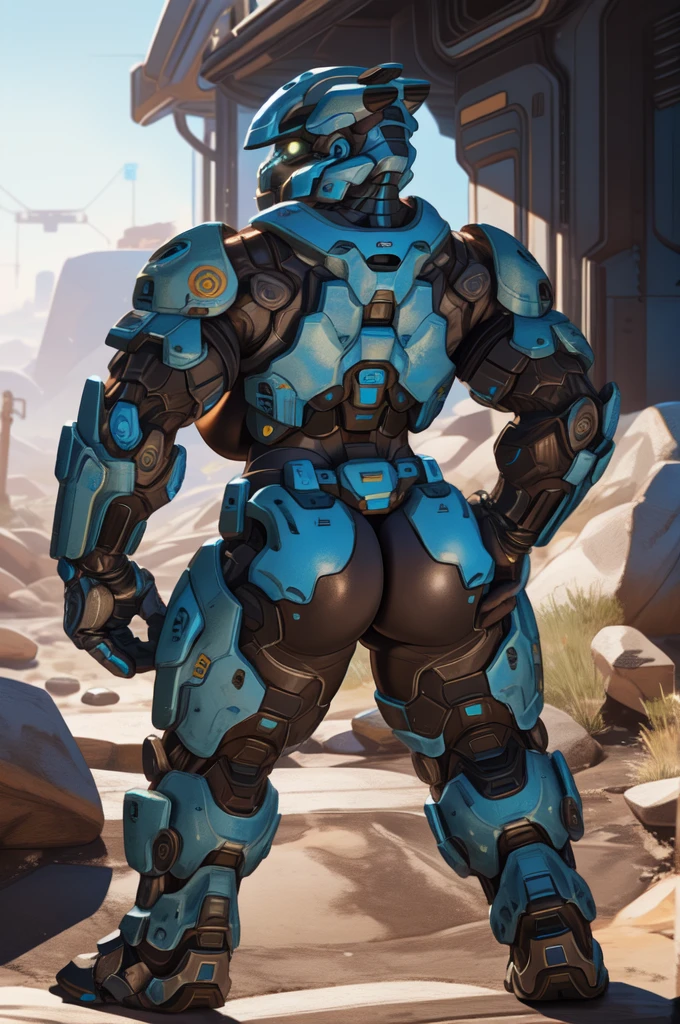 spartan, 1girl, solo, helmet, faceless, armor, gloves, power armor, science fiction, crotch plate, breastplate, large breasts, outside, ((facing away)), rear view, ass, (grabbing own ass),(hands on own ass) ,