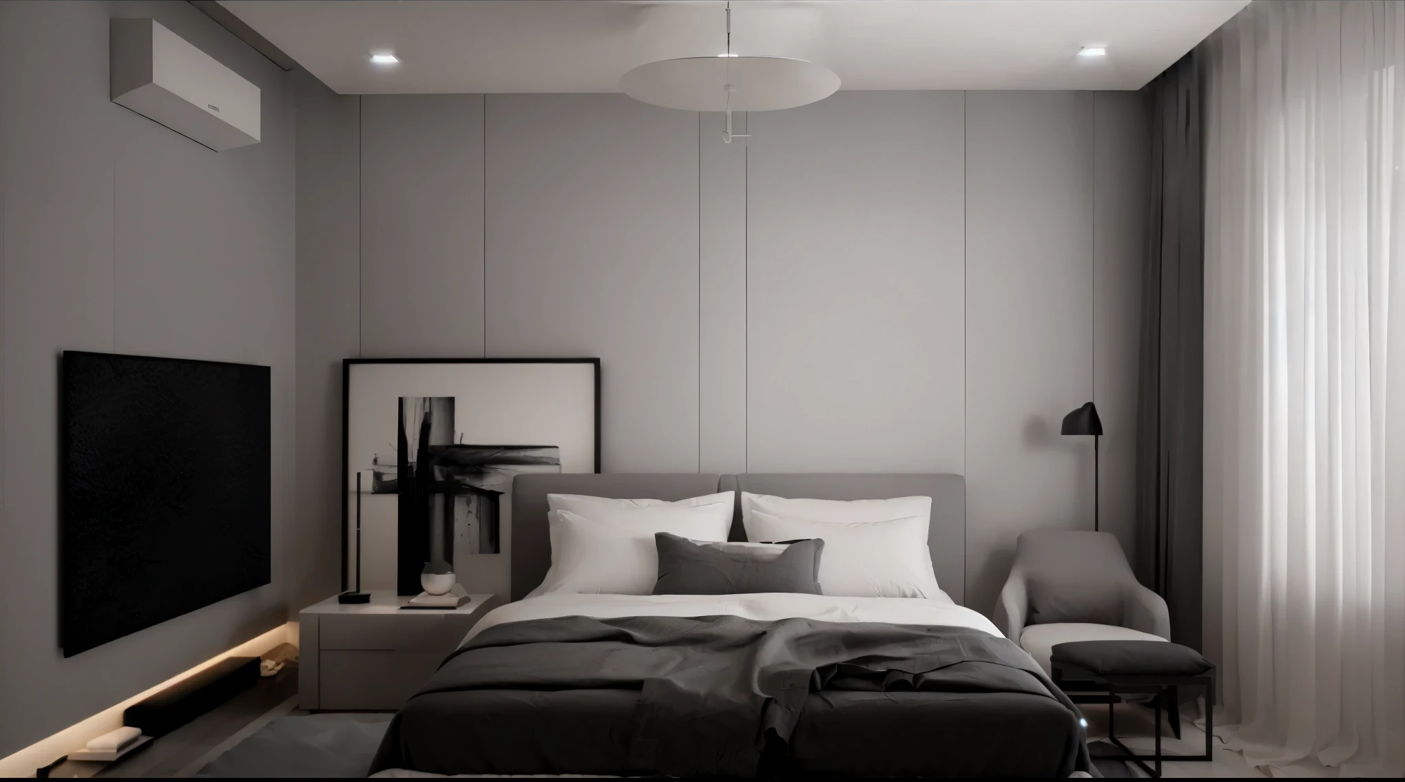there is a bed with a gray comforter and a white blanket, minimalistic and beautiful, serene bedroom setting, flat grey color, high-quality render, modern minimalist f 2 0, white bed, dimly lit bedroom, bed room, modern minimalist f 2 0 clean, grey color scheme, solid gray, monochrome, inside of a bedroom, grayscale monochromatic