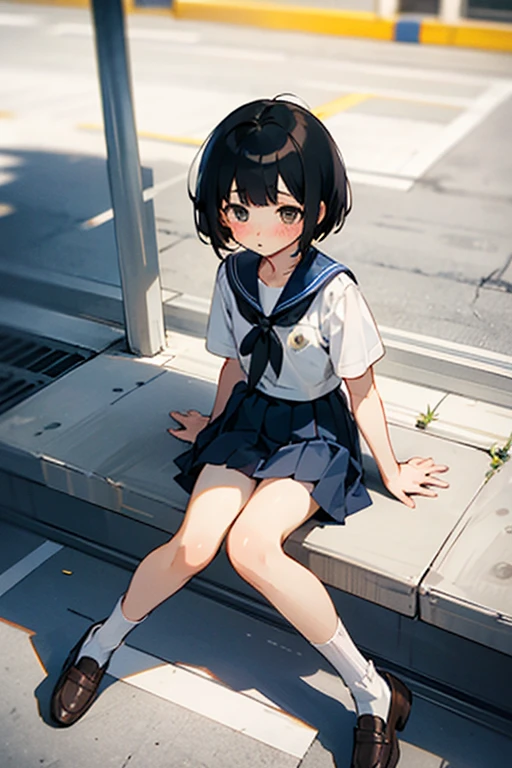 One girl、uniform、Sailor suit、Dark blue pleated skirt、White short socks、White panties、Brown Loafers、Flat chest、Black Hair、Very Short Hair、Short sleeve、blush、concrete、sit、Covered in lotion、