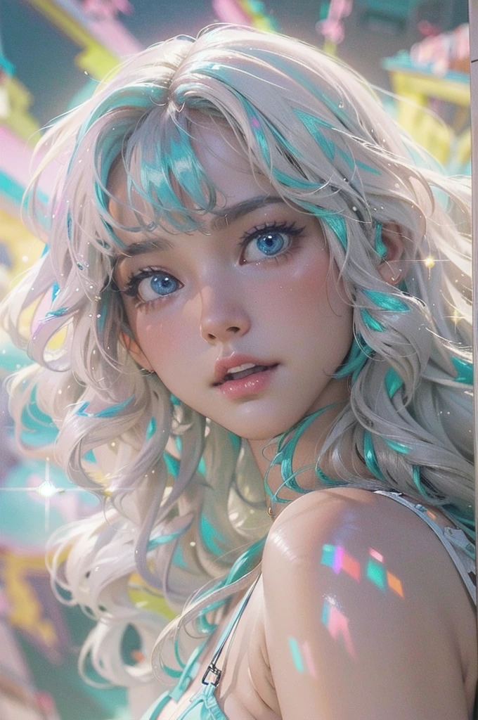 (fluorescent colors:1.4), candy world Disney land ethereal soft fluffy soft landscape forest Pastel pink sky green blue sparkle ethereal light pastel whimsical light rainbow stars diamonds sparkle gemstone background hyper realistic Ultra quality cinematic lighting immense detail Full hd Well lit, diagonal bangs, sexy clothes, on side masterpiece, best quality, realskin, 1girl, blunt bangs, long hair, ((best quality:1.7)), (detailed:1.4), highres k, (high res:1.4), 8k, clean, cinematic lighting, beautiful eyes + detail, beautiful hair + detail, 1girl, sexy young female body:1.3
