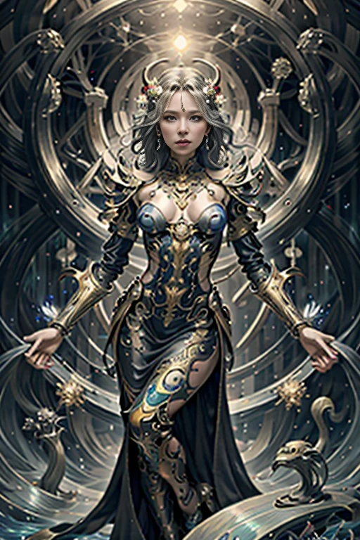 best quality,4k,8k,highres,masterpiece:1.2,ultra-detailed,realistic:1.37,HDR,UHD,studio lighting,ultra-fine painting,sharp focus,physically-based rendering,extreme detail description,professional,art nouveau,tarot card style, (2characters), dynamic angle, dynamic pose, fierce expression, Full body, alien female,best quality,4k,8k,highres,masterpiece:1.2,ultra-detailed,realistic:1.37, A female spellblade wielding a translucent blue sword is accompanied by a guardian spirit. The sword hungers for souls as it glows with ethereal energy. The woman is protected by the guardian spirit, which emanates a comforting and powerful presence., Flowing silver hair., The atmosphere is reminiscent of the mysterious and enchanting world of the Final Fantasy X game, with elements of JRPG. The scene is filled with vibrant colors, capturing the essence of the fantasy universe. The lighting casts a warm glow, highlighting the intricate details of the female spellblade, and the guardian spirit. As the female spellblade gracefully maneuvers her weapon, the kodama spirits watch from the surrounding forest, adding an extra layer of magical intrigue to the scene., Concept art inpired by Jean Giraud Moebius, The overall quality of the generated image is of the highest standard, with ultra-detailed visuals to bring this captivating composition to life. The artwork is reminiscent of a masterpiece, exhibiting the finest craftsmanship in the medium of digital illustration., Yoshitaka Amano style, fractalized, organic exoskeleton,glass exoskeleton,alien flora,(bioluminescent fungi),vivid colors,pale purple hues,trending on cgsociety,landscape,horror,sci-fi,concept artists,bright and vibrant colors,dreamy lighting