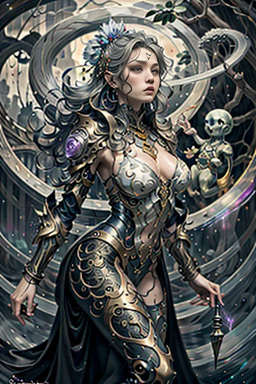 best quality,4k,8k,highres,masterpiece:1.2,ultra-detailed,realistic:1.37,HDR,UHD,studio lighting,ultra-fine painting,sharp focus,physically-based rendering,extreme detail description,professional,art nouveau,tarot card style, (2characters), dynamic angle, dynamic pose, fierce expression, Full body, alien female,best quality,4k,8k,highres,masterpiece:1.2,ultra-detailed,realistic:1.37, A female spellblade wielding a translucent blue sword is accompanied by a guardian spirit. The sword hungers for souls as it glows with ethereal energy. The woman is protected by the guardian spirit, which emanates a comforting and powerful presence., Flowing silver hair., The atmosphere is reminiscent of the mysterious and enchanting world of the Final Fantasy X game, with elements of JRPG. The scene is filled with vibrant colors, capturing the essence of the fantasy universe. The lighting casts a warm glow, highlighting the intricate details of the female spellblade, and the guardian spirit. As the female spellblade gracefully maneuvers her weapon, the kodama spirits watch from the surrounding forest, adding an extra layer of magical intrigue to the scene., Concept art inpired by Jean Giraud Moebius, The overall quality of the generated image is of the highest standard, with ultra-detailed visuals to bring this captivating composition to life. The artwork is reminiscent of a masterpiece, exhibiting the finest craftsmanship in the medium of digital illustration., Yoshitaka Amano style, fractalized, organic exoskeleton,glass exoskeleton,alien flora,(bioluminescent fungi),vivid colors,pale purple hues,trending on cgsociety,landscape,horror,sci-fi,concept artists,bright and vibrant colors,dreamy lighting