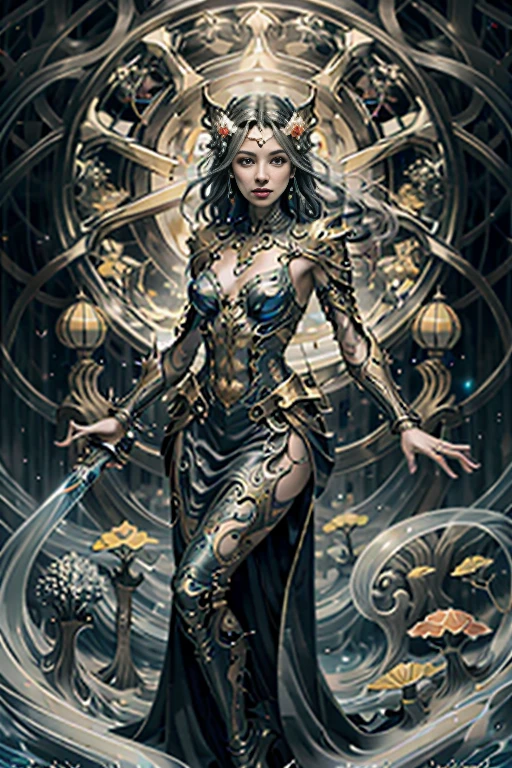 best quality,4k,8k,highres,masterpiece:1.2,ultra-detailed,realistic:1.37,HDR,UHD,studio lighting,ultra-fine painting,sharp focus,physically-based rendering,extreme detail description,professional,art nouveau,tarot card style, (2characters), dynamic angle, dynamic pose, fierce expression, Full body, alien female,best quality,4k,8k,highres,masterpiece:1.2,ultra-detailed,realistic:1.37, A female spellblade wielding a translucent blue sword is accompanied by a guardian spirit. The sword hungers for souls as it glows with ethereal energy. The woman is protected by the guardian spirit, which emanates a comforting and powerful presence., Flowing silver hair., The atmosphere is reminiscent of the mysterious and enchanting world of the Final Fantasy X game, with elements of JRPG. The scene is filled with vibrant colors, capturing the essence of the fantasy universe. The lighting casts a warm glow, highlighting the intricate details of the female spellblade, and the guardian spirit. As the female spellblade gracefully maneuvers her weapon, the kodama spirits watch from the surrounding forest, adding an extra layer of magical intrigue to the scene., Concept art inpired by Jean Giraud Moebius, The overall quality of the generated image is of the highest standard, with ultra-detailed visuals to bring this captivating composition to life. The artwork is reminiscent of a masterpiece, exhibiting the finest craftsmanship in the medium of digital illustration., Yoshitaka Amano style, fractalized, organic exoskeleton,glass exoskeleton,alien flora,(bioluminescent fungi),vivid colors,pale purple hues,trending on cgsociety,landscape,horror,sci-fi,concept artists,bright and vibrant colors,dreamy lighting