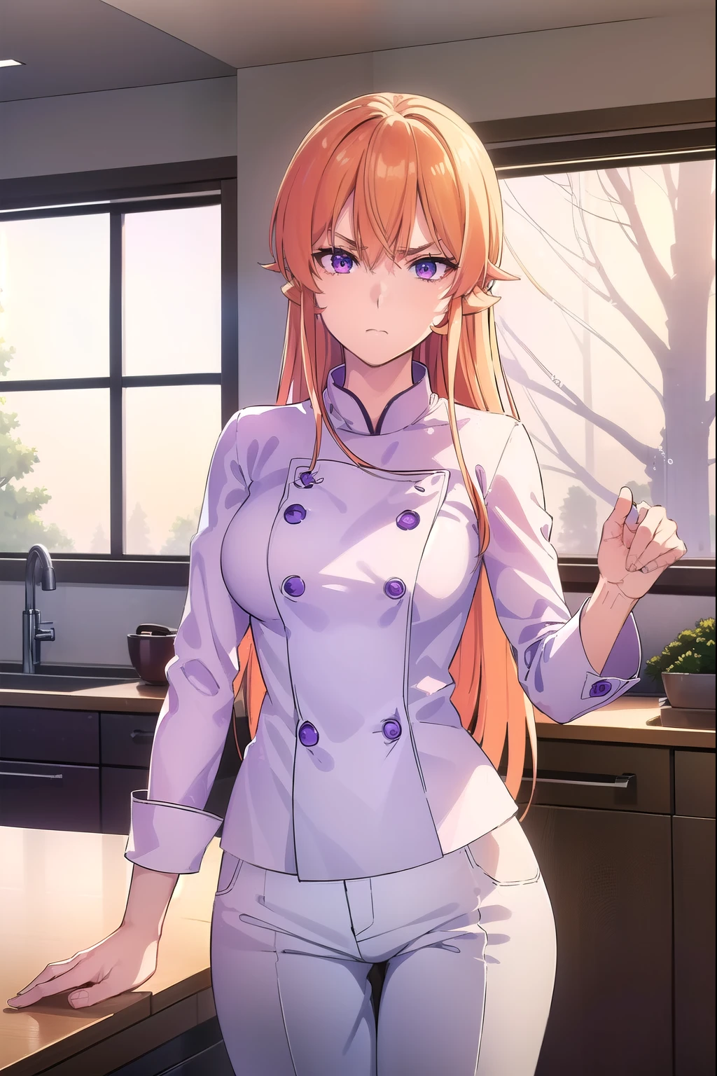 ((masterpiece:1.3, highly detailed:1.3, highres:1.1, best quality, HD, full image)),((erinanakiri, erina nakiri, long hair, orange hair, (purple eyes:1.1), hair between eyes, frown, angry, pants, white pants, chef, long sleeves, ((indoors, kitchen, window background, trees)), looking at viewer, (masterpiece:1.2), best quality, high resolution, unity 8k wallpaper, (illustration:0.8), (beautiful detailed eyes:1.6), extremely detailed face, perfect lighting, extremely detailed CG)),((sexy pose, standing))