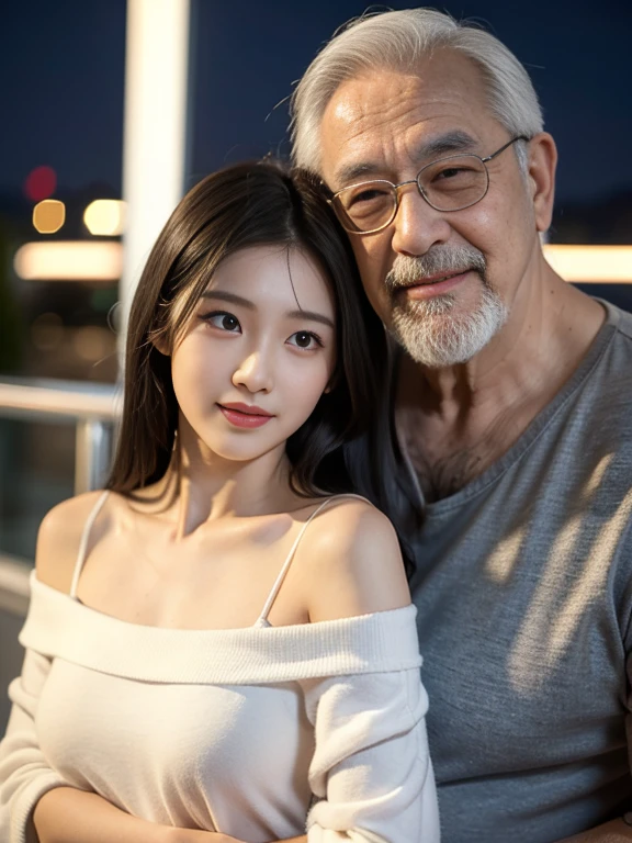 An old Korean man and a young Korean woman, age difference, age difference, giant size, 70 year old man, long white beard, smiling face, hairy body, standing hugging, hugging , sexy young girl 18, small and sexy size, long black hair hairstyle, embarrassed blushing face, sexual positions, kissing, a white-haired old man, a young girl , home, bedroom, detailed face, realistic, realistic, big breasts, nude.