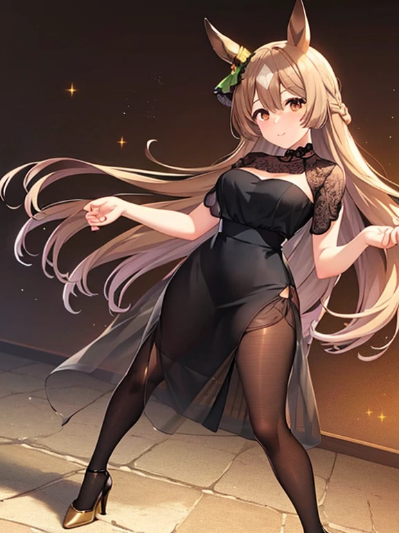 Satono Diamond\(umamusume\), ((highest quality))、((masterpiece))、Ultra-high resolution、、(Anime 2D Rendering, Realistic young anime woman), 
Beautiful body, Beautiful thighs, Beautiful feet, White beautiful skin、 
(Spread your chest wide、((Black see-through dress:1.4)、(Black Shiny Micro Pencil Skirt:1.4)、(Low denier black pantyhose:1.4)、(Black High Heels))、 
smile、Face towards the viewer、(whole body、Are standing)