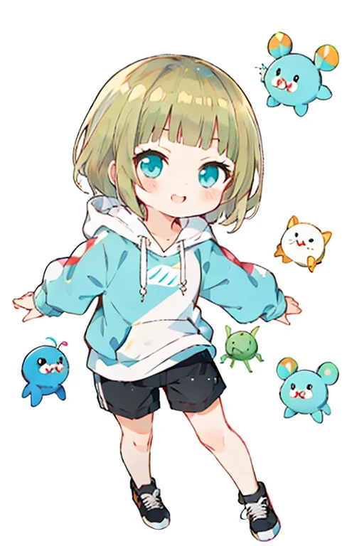 Blonde hair, short hair, turquoise eyes, plain white hoodie, black shorts, black sneakers,
Anime girl with stuffed Pikmin toys and other stuffedPikmin in arms, Splash art anime , , decora inspired illustrations, Best anime Konachan wallpapers, Detailed fanart, by Kamagurka, An anime cover, There is a cute Pikmin