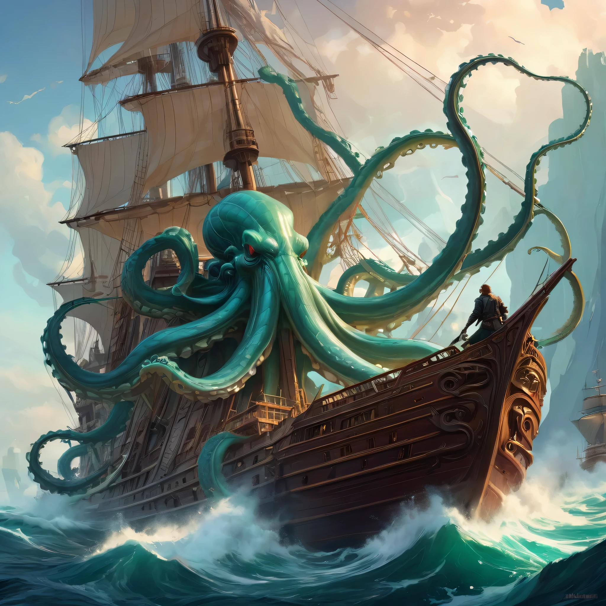 vector art of ((Kraken Attacking Ship )) intricate, elegant, highly detailed, digital painting, artstation, concept art, smooth, sharp focus, illu0.8ation, art by artgerm and greg rutkowski and alphonse mucha