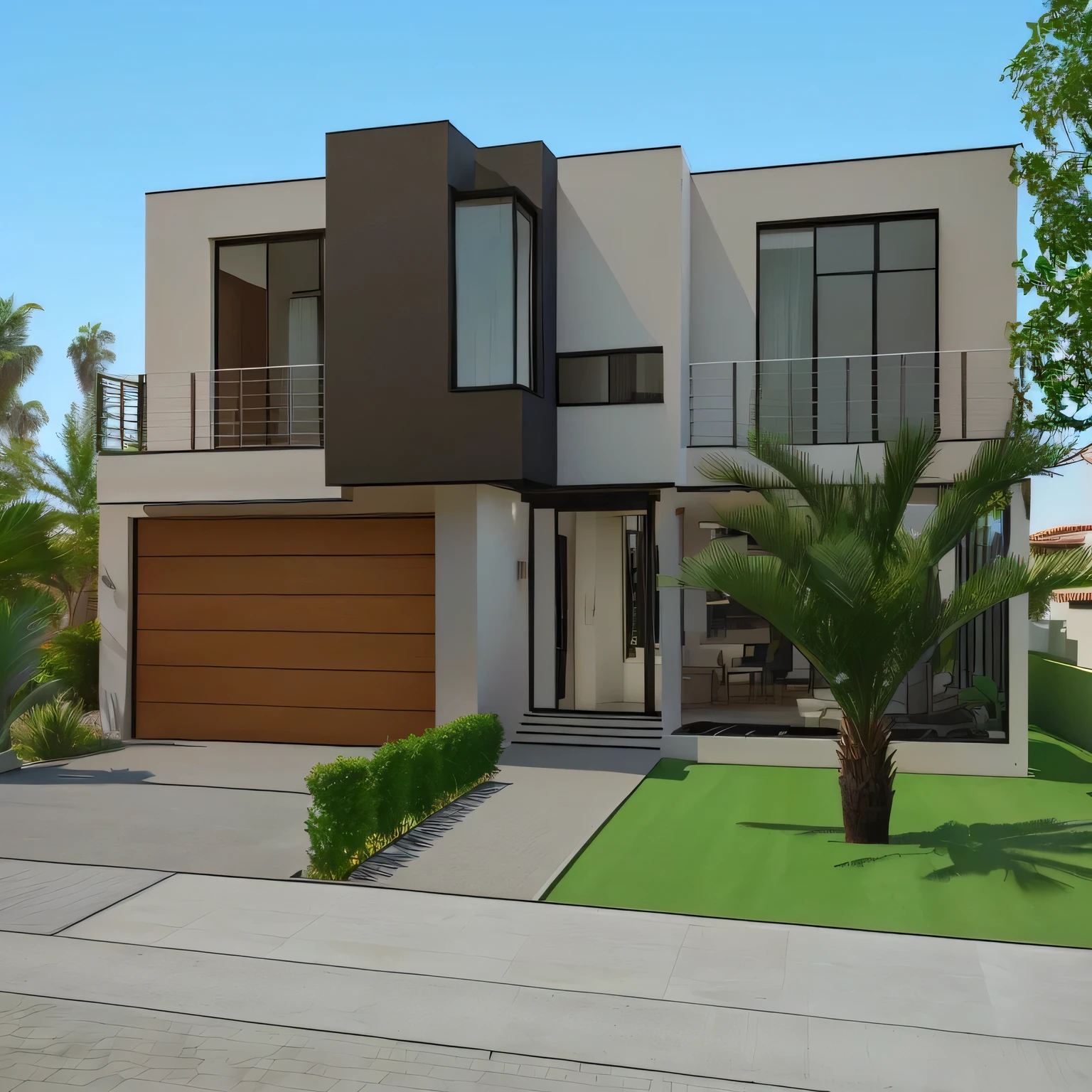 a rendering of a casa moderna with a palm tree in the front yard, contemporary house, large modern residence, neotradicional moderno, casa moderna, with 3d rendering, with 3d rendering, 3D rendering, 3D rendering, 3D rendering!, 3D rendering!, Design exterior, projeto residencial, 3D renderizado, 3D renderizado, 3D renderings