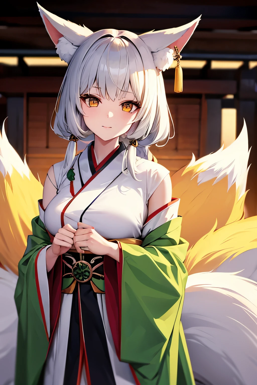 Fox ears　Fox tail　Golden Eyes　Girl　shrine　Green kimono　White Hair