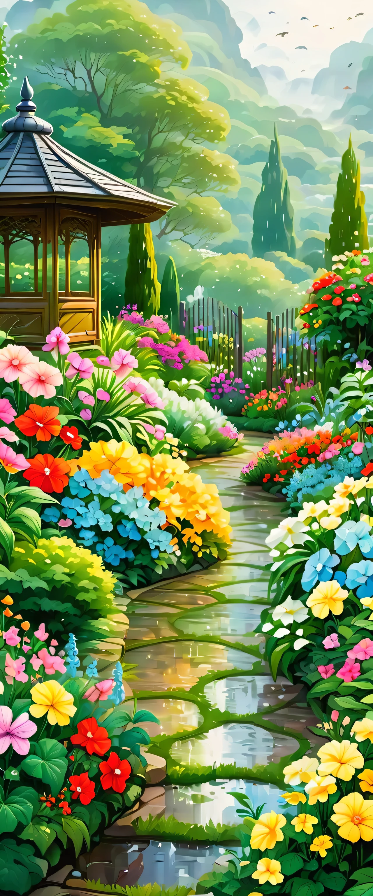 masterpiece, reality, 8k, intricate details,
there is a person walking down a path with an umbrella, misty garden, flowers rain everywhere, flower garden summer morning, flowers garden, lush garden in the background, misty and raining, lush flowery outdoors, beautiful garden, after the rain, garden with flowers, cottagecore flower garden, just after rain, flower garden, garden landscape, lush landscape, garden background,Ancient buildings in the garden,Wooden pavilion