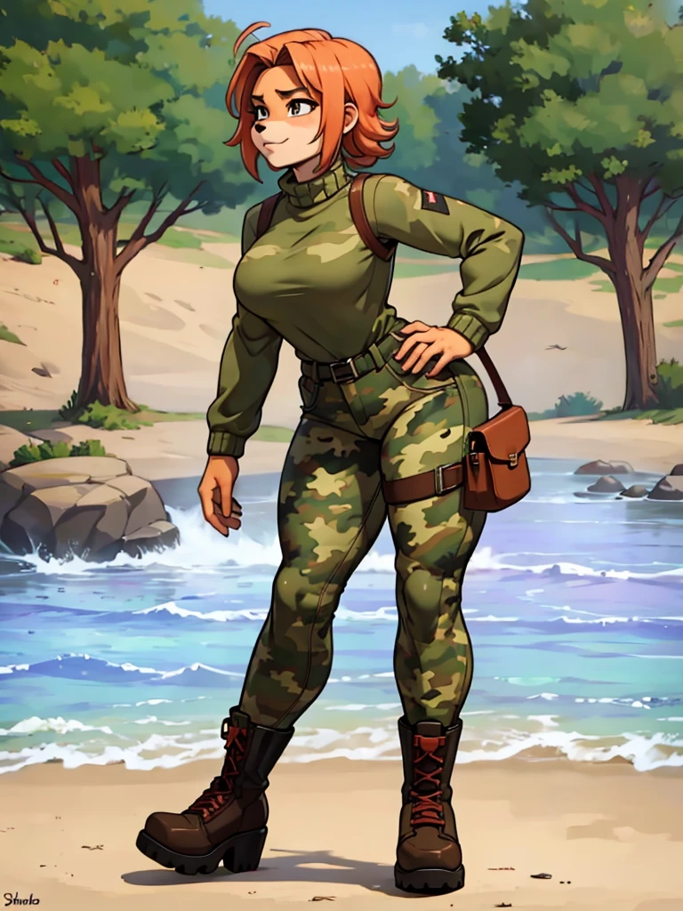 Furry girl lesbian, camouflage sweater, camouflage pants, boots,