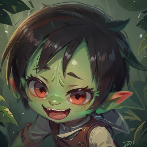 Goblin boy 5 years old with green skin short black hair, peinado desorenado con orejas puntegudas ,piel verde, Medieval assassin's clothing black green eyes holding a spear brown shoes brown leather belt jade ornaments in a forest background with magical symbols