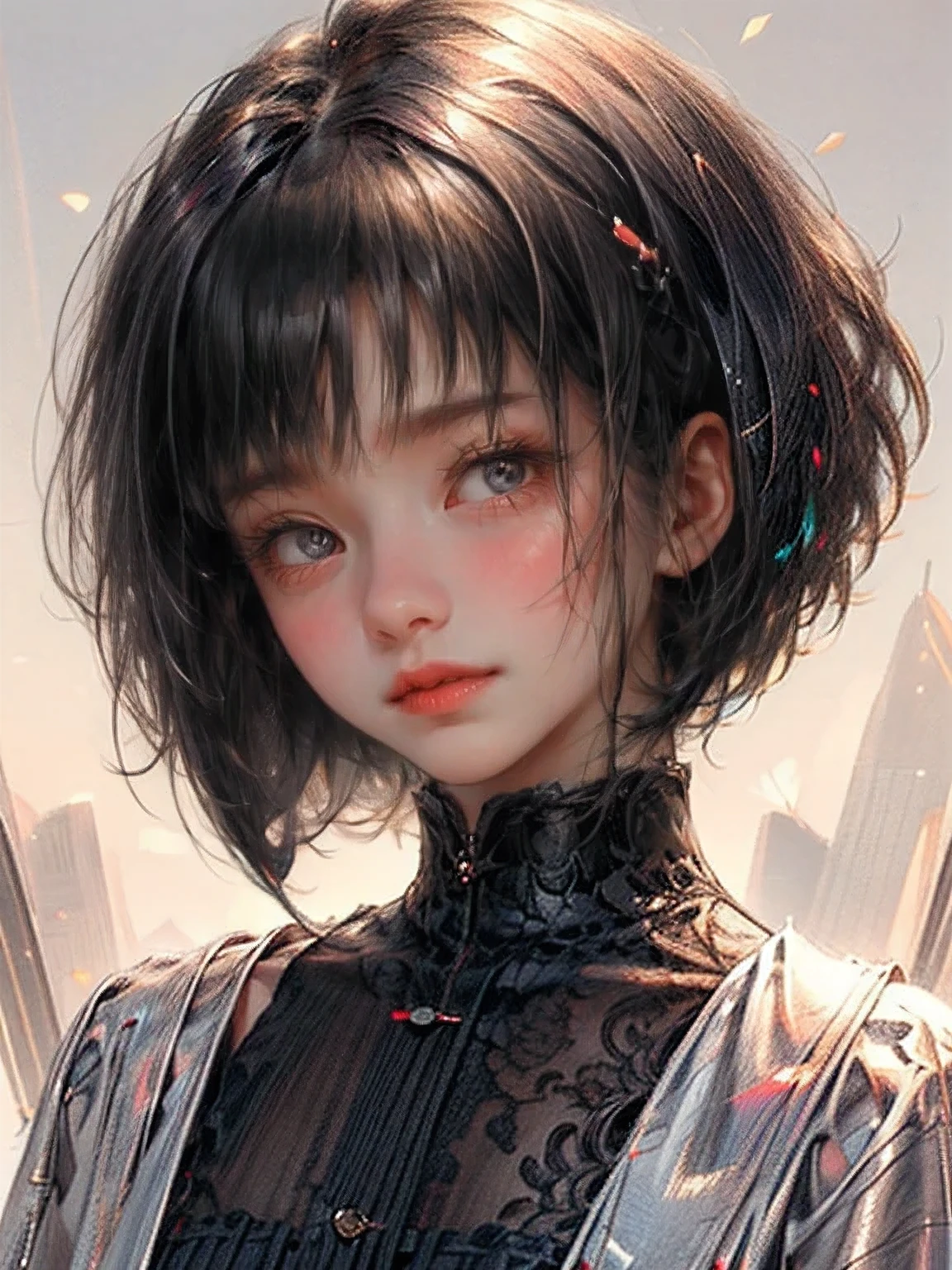 (cute girl, shiny jet black hair:1.2, very short straight hair, blunt bangs, bob cut, bright rosy lips, sparkling eyes, gently smile, head tilt), drooping eyes:1.2