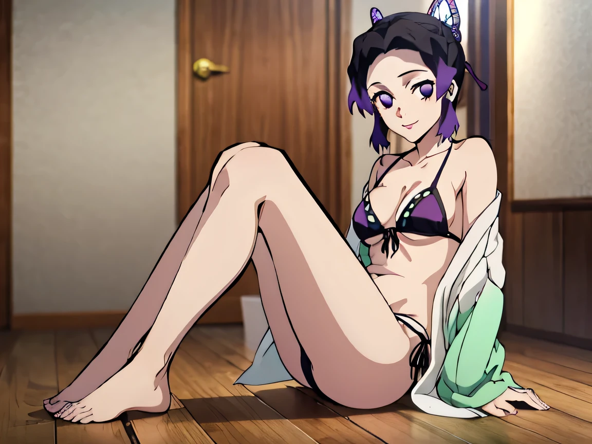 EFT_Shinobu, 1girl, kochou shinobu, butterfly hair ornament, solo, hair ornament, purple hair, multicolored hair, purple eyes, black hair, medium breast, (bikini), seductive smile, looking at viewer, blurry background, indoors, japanese house, full body, slim, ((masterpiece)), best quality, high detailed illustration, high detailed background, hi-res, bare legs, bare feet