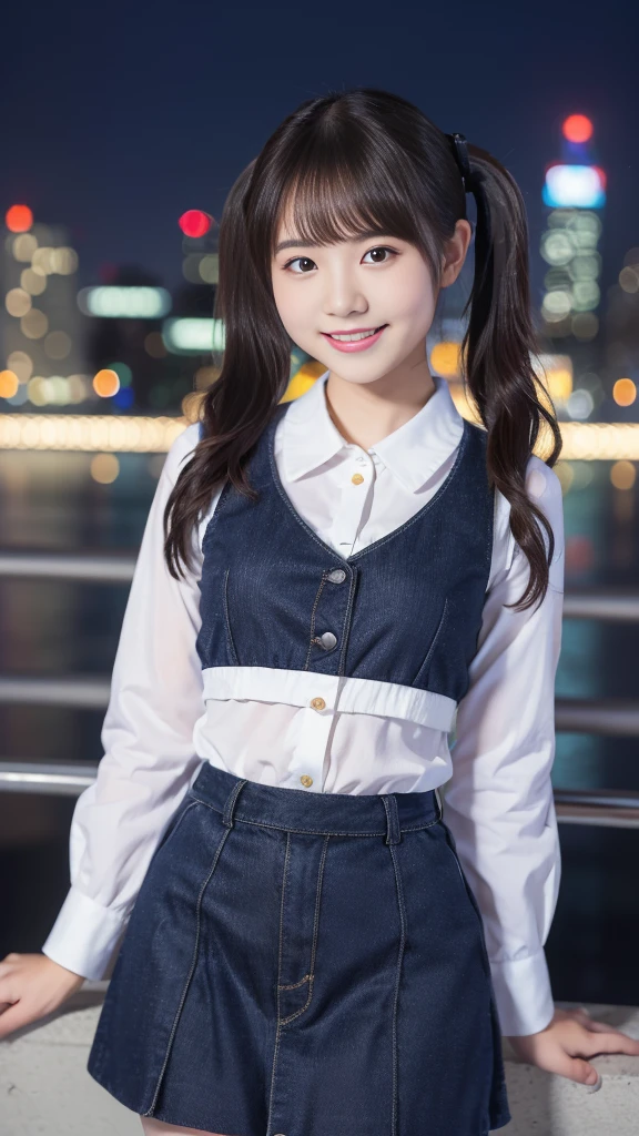 (highest quality,masterpiece:1.3,Ultra-high resolution),(Very detailed,8K),(Realistic:1.4,RAW shooting)。Blurred Background、Looking at the audience、smile、young woman、 clothes、Twin tails、City of night。Night view。