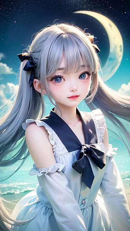 (highest quality, masterpiece), One girl, Twin tails、Pause, particle, Wind, flower, Upper Body, Simple Background, View your viewers, , Milky Way,smile、Turquoise eyes、（Silver Long Hair）、cute、Twin taililky way、Crescent Moon