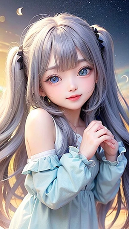 (highest quality, masterpiece), One girl, Twin tails、Pause, particle, Wind, flower, Upper Body, Simple Background, View your viewers, , Milky Way,smile、Turquoise eyes、（Silver Long Hair）、cute、Twin taililky way、Crescent Moon