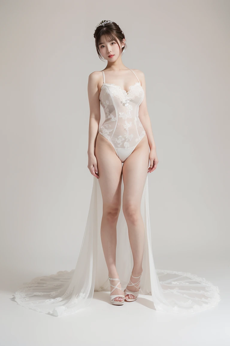 ((girl in perfect body shape)), ((a korean bride)), ((white background)), ((Bobhair cut)), ((top-quality)), RAW , ((masterpiece)) , (fujifilm), 16k , (Photorealism), ((c-cup breast)), ((beautiful bride)), ((wearing bride crown)) , ((low shot)), ((distant shot)), ((facing towards the viewers)), ((full body shot))