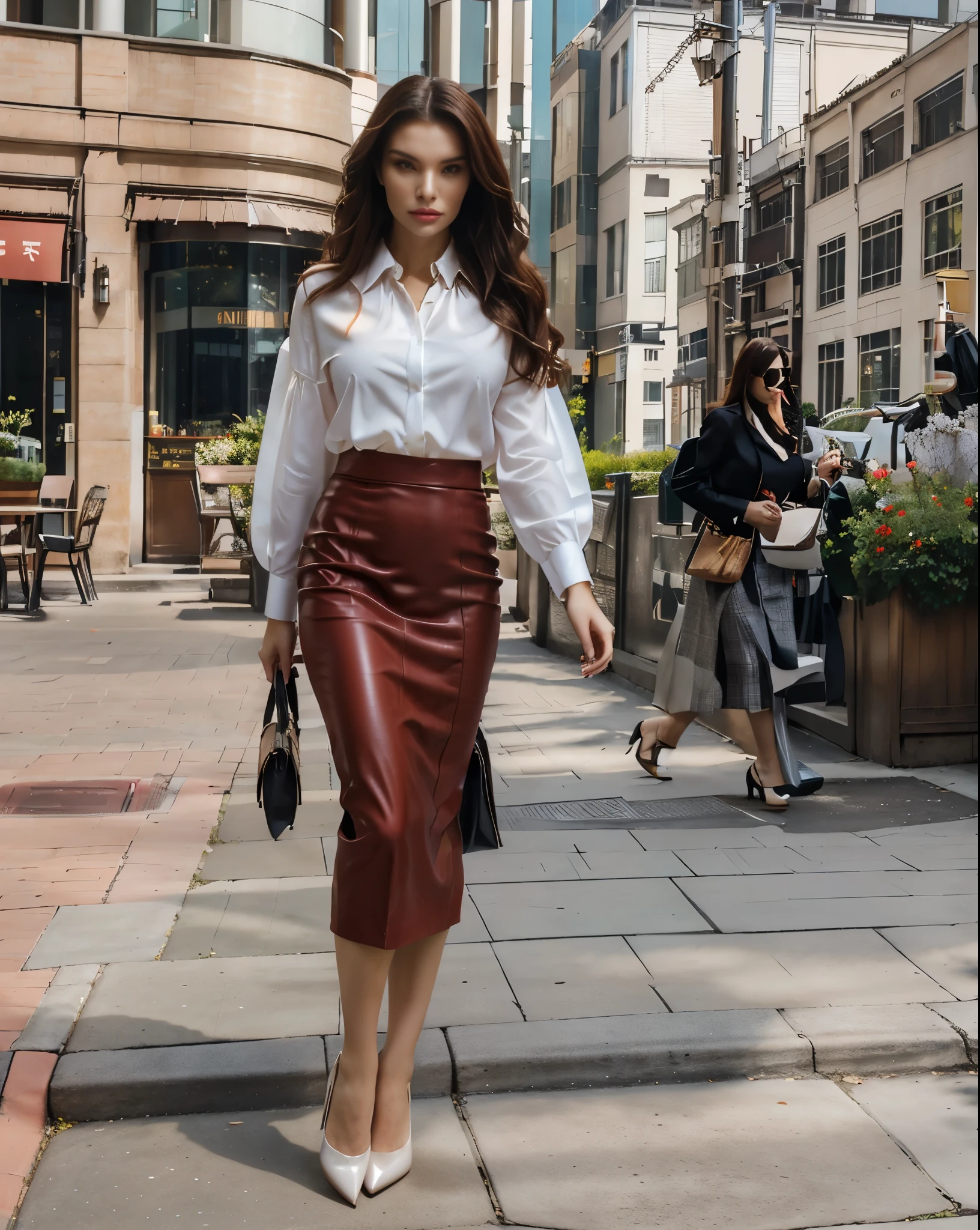 a woman in a white blouse and a red leather skirt walks along the sidewalk, wear an elegant outfit, gorgeous lady, Elegant girl in urban attire, Stunning woman, with a red skirt, high-fashion, class, business attire, style of Yulia Razumova, nice woman, gorgeous woman, wear smart casual clothes, elegant look, elegant style, pencil skirt